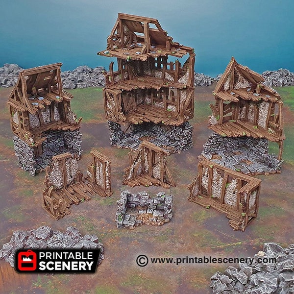 Barrio en ruinas - Ruinas Shadowfey, DnD, Pathfinder, modular, 15mm, 28mm, 32mm, escenario de wargaming, campanario, edificio, D&D