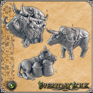 May include: Three miniature figurines of pack animals, each with a different load. The first is a yak with a saddle and a variety of supplies, the second is a yak with a saddle and a large bag, and the third is a donkey with a saddle and two bags.