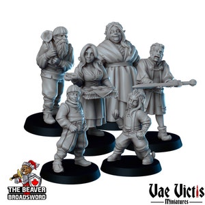 May include: Set of six grey painted miniature figurines of fantasy characters, including a dwarf, a human, an elf, and a halfling. The figurines are standing on black bases and are ready to be used in tabletop role-playing games.