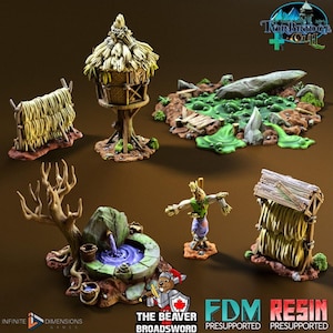 May include: A collection of miniature fantasy terrain pieces, including a treehouse, a pond, a well, a scarecrow, and hay bales. The pieces are painted with earthy tones and are designed for tabletop gaming.