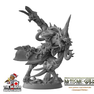 May include: A gray 3D printed miniature of a monstrous creature with sharp claws, horns, and a fanged mouth. The creature is standing on a base with skulls and bones. The miniature is a part of a tabletop role-playing game.