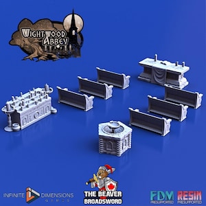 Può includere: Una collezione di miniature grigie per giochi da tavolo, tra cui panche, tavoli e una struttura decorativa. I pezzi sono disposti su una superficie blu. L'immagine include il testo "Wightwood Abbey" e i loghi di "Infinite Dimensions Games", "The Beaver and Broadsword" e "FDM Resin".