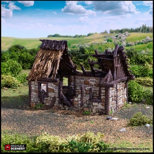 Ruined Norman Stone Barn - King and Country, DnD, Pathfinder, 15mm, 28mm, 32mm, wargaming terrain, scatter scenery D&D farm, fields, village