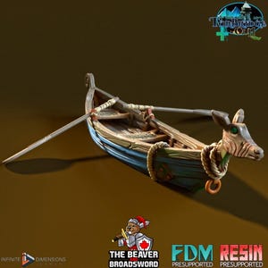 May include: A detailed miniature boat with a donkey head figurehead. The boat is primarily blue and brown, with a rope detail and a single oar. The boat is labeled "Torbridge Guild" and "The Beaver and Broadsword".
