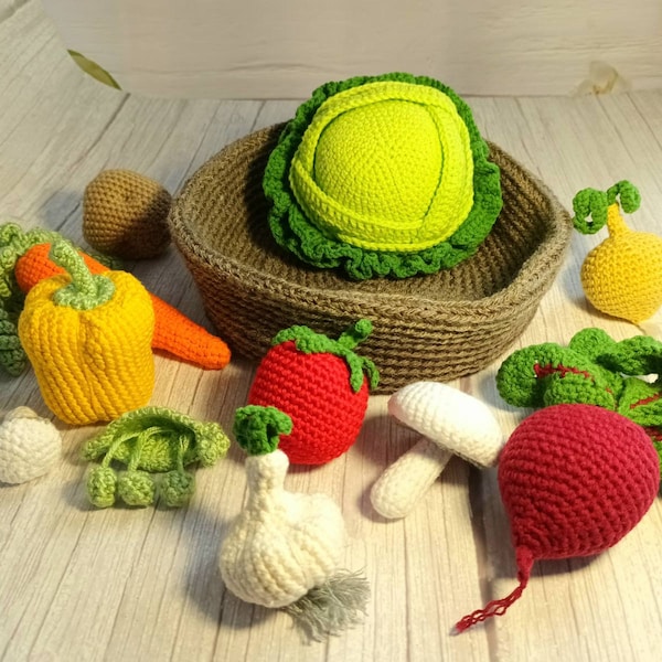 Jouet en développement. Cadeau de jeune cuisinier. Ensemble de légumes au crochet. Légumes dans un bol. Jouet éducatif. Cadeau enfant. Cadeau jeu de cuisine. Nourriture au crochet