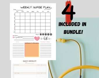 May include: A printable weekly nurse planner and checklist. The planner includes sections for to-do lists, affirmations, and priorities. The checklist includes sections for self-care, affirmations, and water intake. The planner is designed to help nurses stay organized and on track.