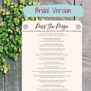 Pass the Prize, Bridal Pass the Gift Game, Bridal Pass the Prize Game, Pass the Gift Poem, Bridal Activity, Printable Bridal Shower Game