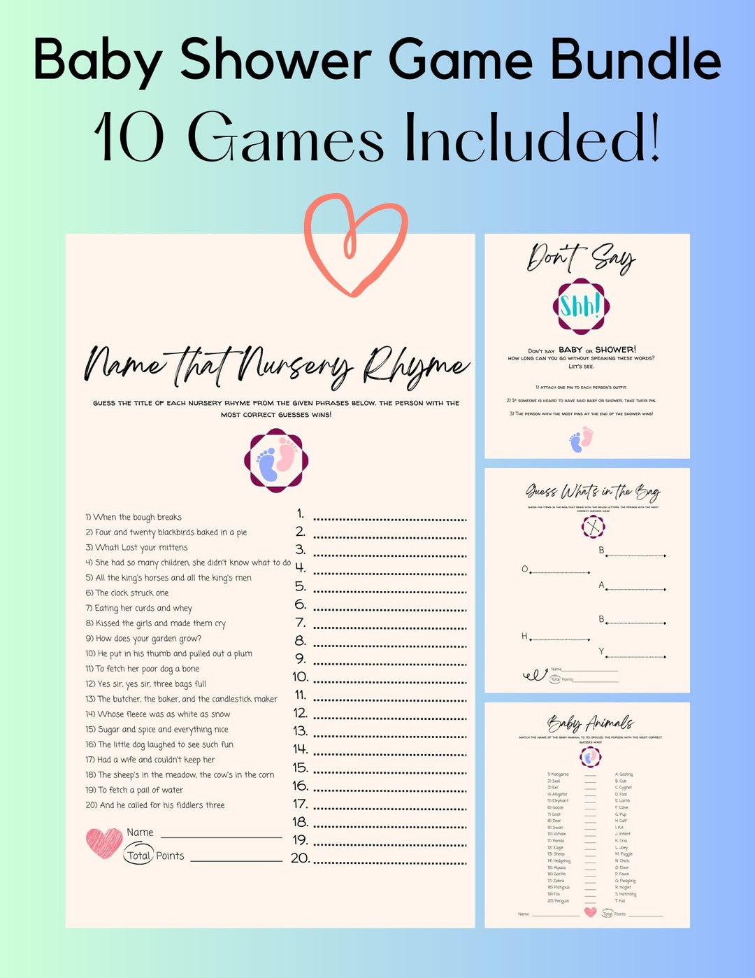 Baby Shower Game Bundle, Baby Shower Games, Jack and Jill, Name That