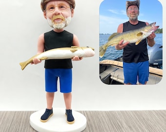 Personalized Fishing Bobblehead Doll, Handcrafted Clay Fisherman Figurine, Gift for Him