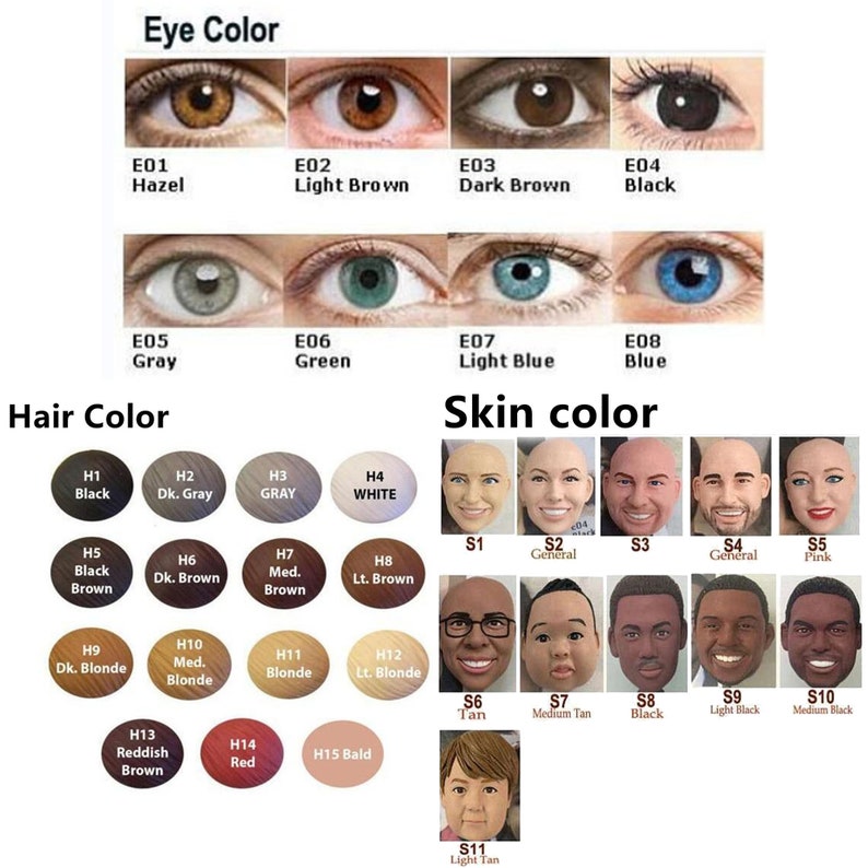 Puede incluir: Un gr&aacute;fico con muestras de color para el color de ojos, el color de cabello y el color de piel. Las muestras de color de ojos incluyen avellana, marr&oacute;n claro, marr&oacute;n oscuro, gris, verde, azul claro y azul. Las muestras de color de cabello incluyen negro, gris oscuro, gris, blanco, marr&oacute;n negro, marr&oacute;n oscuro, marr&oacute;n medio, marr&oacute;n claro, rubio oscuro, rubio medio, rubio, rubio claro, marr&oacute;n rojizo, rojo y calvo. Las muestras de color de piel incluyen bronceado, bronceado medio, negro, negro claro, negro medio y bronceado claro.
