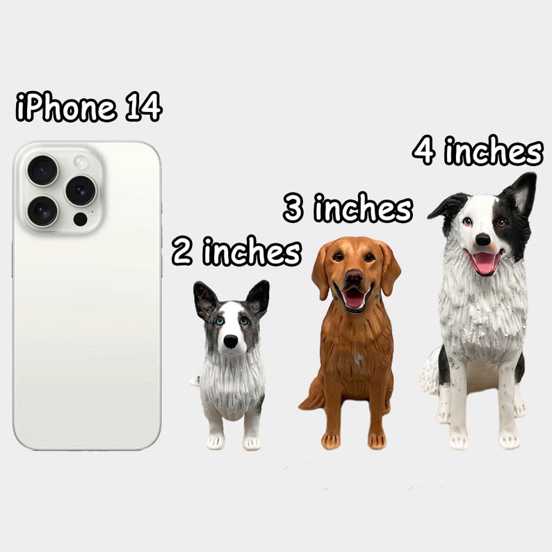 May include: Image shows three dog figurines next to an iPhone 14. The figurines are 2, 3, and 4 inches tall. The dogs are a black and white Border Collie, a golden retriever, and a black and white dog.