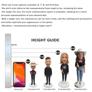 May include: A height guide for custom dolls featuring four figures ranging from 6 to 9 inches tall. The chart includes a vertical ruler, an iPhone 12 for scale, and text stating: There are 4 size options available: 6, 7, 8, and 9 inches.