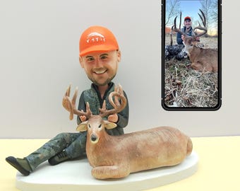 Personalized Hunting Bobblehead Doll, Handcrafted Hunter and Deer 3D Statue, Hunter Birthday Gift.