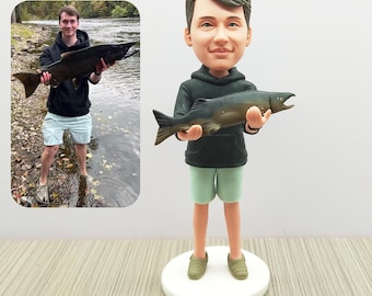 Personalized Fisherman Bobblehead, Custom Fishing 3D Clay Figurine, Give Him a Fishing Gift.