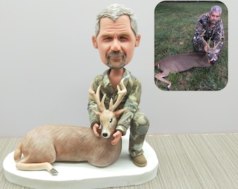 Custom Hunting Bobblehead Doll, Handcrafted Hunter and Deer 3D Statue, Hunter Birthday Gift.