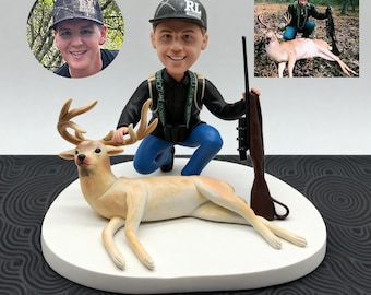 Personalised hunter bobblehead dolls,Handcrafted Clay hunter and deer 3D sculptures, Custom Hunting Gifts