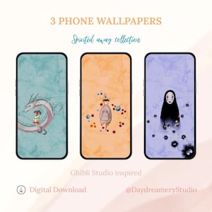 May include: Three phone wallpapers featuring designs inspired by the movie "Spirited Away." The wallpapers showcase characters and scenes from the film, including a dragon, a character with a mask, and other whimsical elements. The text reads "3 Phone Wallpapers" and "Spirited Away Collection."