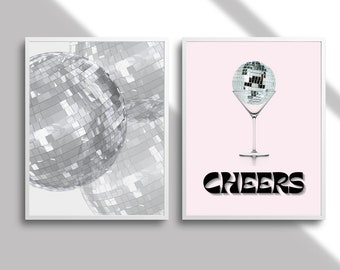 Disco Ball Cheers Drink Print Set | Bar Cart Print | Bar Cart Poster Print | Digital Alcohol Print | Bar Cart Aesthetic