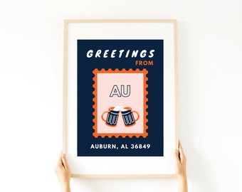 Greetings from Auburn University Preppy Poster Digital Print | Postcard Print Trendy Wall Decor | College Town Digital Print | Auburn Stamp