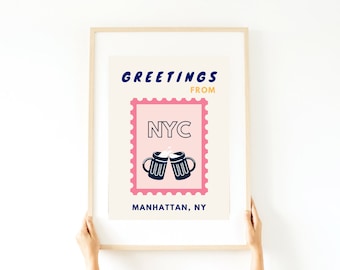 Greetings from New York City Preppy Poster Digital Print | Postcard Print Trendy Wall Decor | City Digital Print | NYC Stamp, Manhattan Art