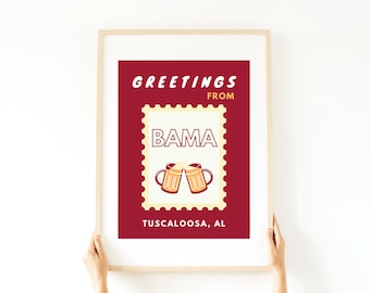 Greetings from University of Alabama Preppy Poster Digital Print | Bama Stamp Postcard Print Trendy Wall Decor | College Town Digital Print