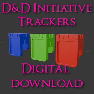 Può includere: Tre tracker di iniziativa colorati in blu, verde e rosso, progettati con un design a forma di castello. Il testo "D&D Initiative Trackers" e "Digital Download" è visualizzato in rosa. I tracker sono su uno sfondo grigio scuro.