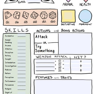 Pode incluir: Uma ficha de personagem para um jogo de RPG. A ficha inclui se&ccedil;&otilde;es para n&iacute;vel, classe, habilidades, a&ccedil;&otilde;es, armadura, sa&uacute;de, iniciativa, movimento, ataque de arma, acerto, caracter&iacute;sticas e tra&ccedil;os. Tamb&eacute;m h&aacute; espa&ccedil;os para rolagens de dados.