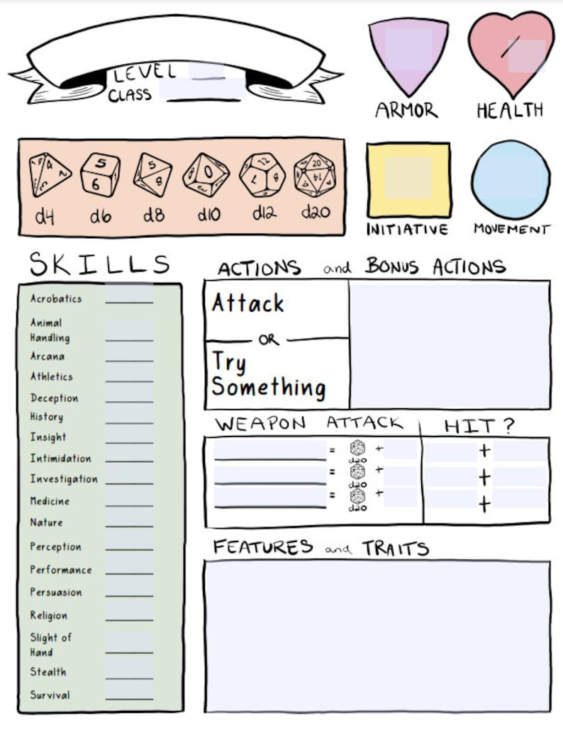 Pode incluir: Uma ficha de personagem para um jogo de RPG. A ficha inclui se&ccedil;&otilde;es para n&iacute;vel, classe, habilidades, a&ccedil;&otilde;es, armadura, sa&uacute;de, iniciativa, movimento, ataque de arma, acerto, caracter&iacute;sticas e tra&ccedil;os. Tamb&eacute;m h&aacute; espa&ccedil;os para rolagens de dados.