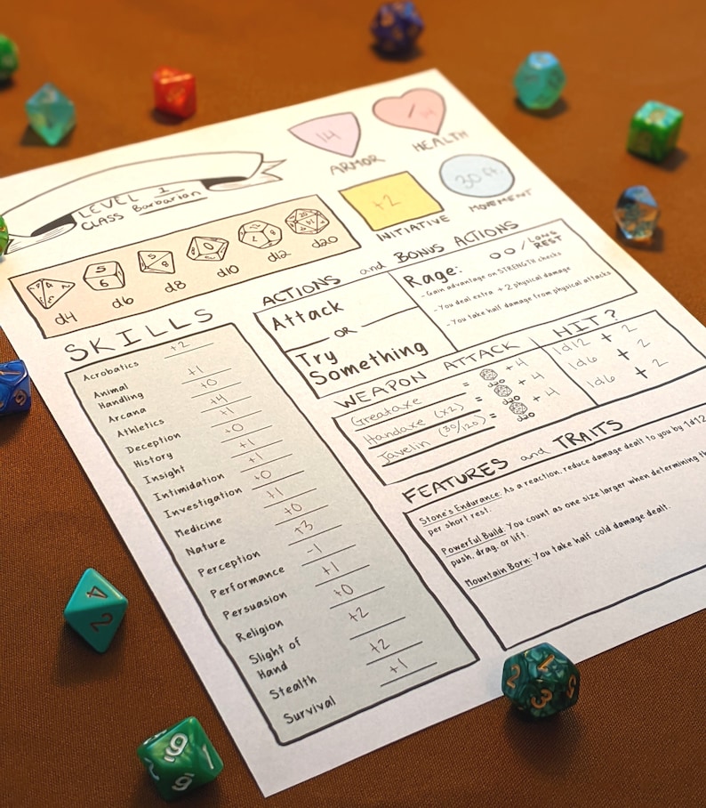 Pode incluir: Uma ficha de personagem para um jogo de RPG de mesa. A ficha inclui se&ccedil;&otilde;es para n&iacute;vel, classe, habilidades, a&ccedil;&otilde;es, armas, caracter&iacute;sticas e tra&ccedil;os. A ficha est&aacute; preenchida com v&aacute;rios n&uacute;meros e s&iacute;mbolos.
