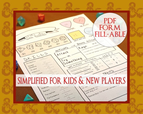 Simplified D&D Character Sheets ⋄ Kid-Friendly ⋄ Color-Coded ⋄ PDF Form Fill-Able
