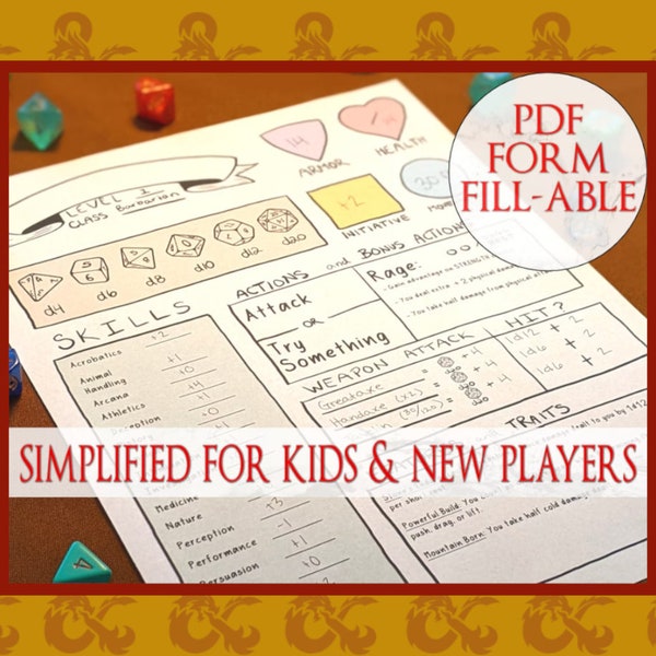 Simplified D&D Character Sheets ⋄ Kid-Friendly ⋄ Color-Coded ⋄ PDF Form Fill-Able