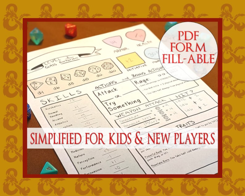 Pode incluir: Uma folha de personagem de Dungeons & Dragons imprim&iacute;vel projetada para crian&ccedil;as e novos jogadores. A folha inclui se&ccedil;&otilde;es para habilidades, a&ccedil;&otilde;es, ataques e caracter&iacute;sticas. O texto "PDF FORM FILL-ABLE" &eacute; vis&iacute;vel no canto superior direito.