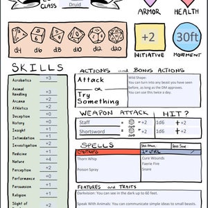 Pode incluir: Uma ficha de personagem para um jogo de RPG, com uma classe de druida de n&iacute;vel 1. A ficha inclui estat&iacute;sticas, habilidades, a&ccedil;&otilde;es e feiti&ccedil;os. O personagem tem uma armadura de 14, 12 de sa&uacute;de e uma velocidade de movimento de 30 p&eacute;s.