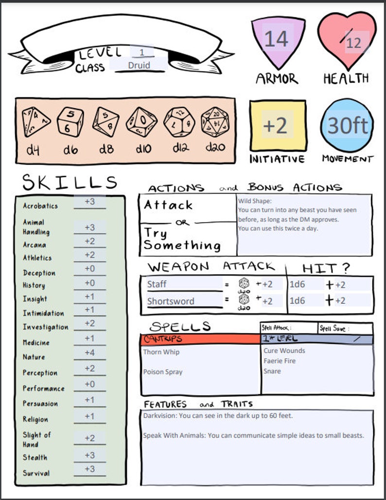 Pode incluir: Uma ficha de personagem para um jogo de RPG, com uma classe de druida de n&iacute;vel 1. A ficha inclui estat&iacute;sticas, habilidades, a&ccedil;&otilde;es e feiti&ccedil;os. O personagem tem uma armadura de 14, 12 de sa&uacute;de e uma velocidade de movimento de 30 p&eacute;s.