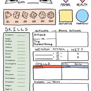 Pode incluir: Uma folha de personagem imprim&iacute;vel para jogos de RPG, com uma variedade de dados, habilidades, a&ccedil;&otilde;es e estat&iacute;sticas. A folha &eacute; projetada para ser usada com jogos de RPG de mesa.