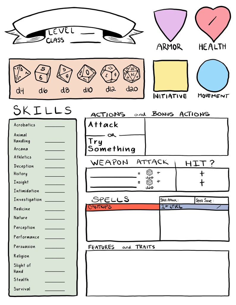 Pode incluir: Uma folha de personagem imprim&iacute;vel para jogos de RPG, com uma variedade de dados, habilidades, a&ccedil;&otilde;es e estat&iacute;sticas. A folha &eacute; projetada para ser usada com jogos de RPG de mesa.
