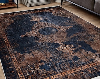 Navy Blue Distressed Medallion Rug, Vintage Style Area Teppich, Perfect For Living Room, Bedroom, Dining Room and Office, Washable Non Slip