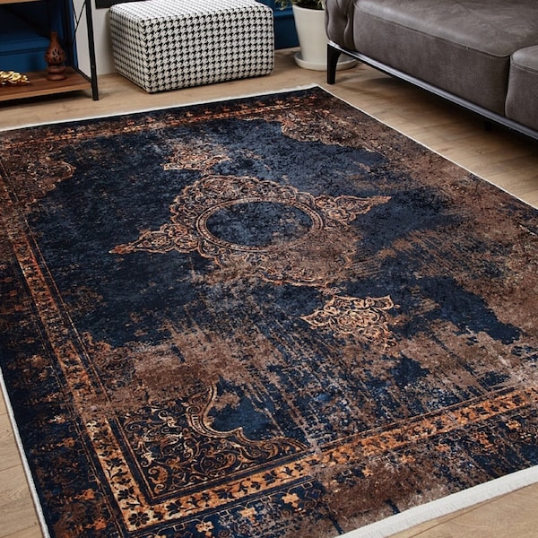 Navy Blue Distressed Medallion Rug, Vintage Style Area Teppich, Perfect For Living Room, Bedroom, Dining Room and Office, Washable Non Slip