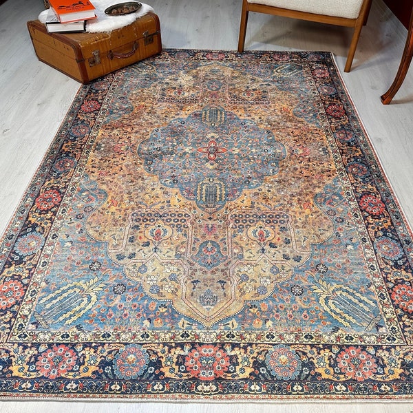 Turkish Blue Rug For Living Room, Medallion Rug, Vintage Style Area Rug, Ottoman Saloon Rug, Antique Collection, High Quality Unique Tapis