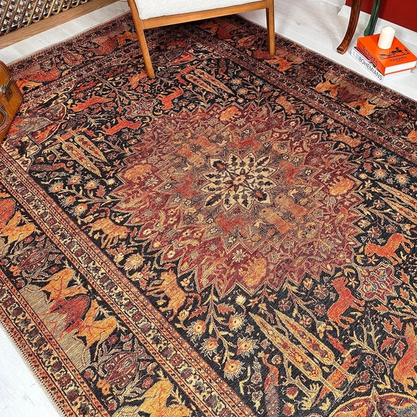 Animal Pattern Turkish Brown Rug, Antique Look Rug, Farmhouse Large Kilim, Traditional Area Rug, Greet Your Guests with Style and Warmth