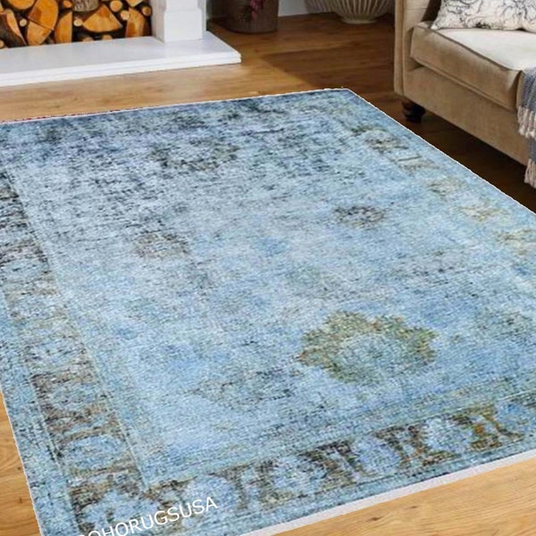 Alfombra azul 8x10, Alfombra de área de estilo vintage, Alfombra azul boho, Alfombra para sala de estar, Alfombra turquesa 9x12, Alfombra sobreteñida azul, Alfombra lavable de varios tamaños