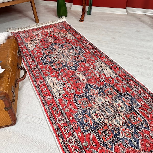 Turkish Red Runner Rug, Persian Style Heriz Rug, Premium Quality Rug Runner For Hallway Entryway and Kitchen, Non Slip Backing Washable Rug