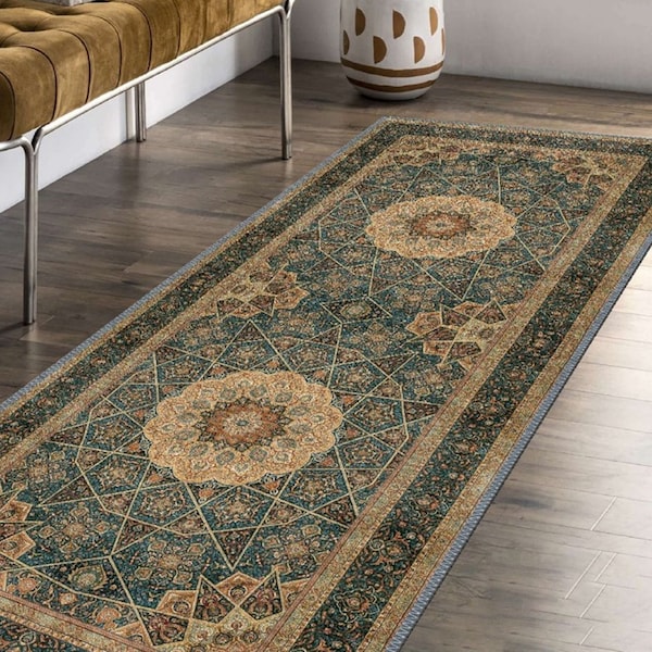 Persian Style Runner, Petrol Green Rug, Traditional Oriental Rug, Farmhouse Boho Runner, Luxury Entryway Hallway Bedroom Bathroom Kitchen