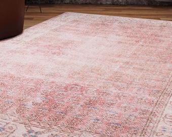 Alfombra rosa turca envejecida, estética de alfombra de dormitorio, alfombra descolorida de estilo vintage, ideal para la mesa del comedor, alfombra lavable a máquina, alfombra multitamaño