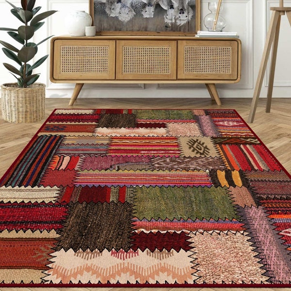 Turkish Patchwork Rugs, Ethnic Boho Style Living Room Rug, Cabin Chalet Carpet, Antique Collection, Multi Colored Rustic Rug, Kilim Rug 8x10