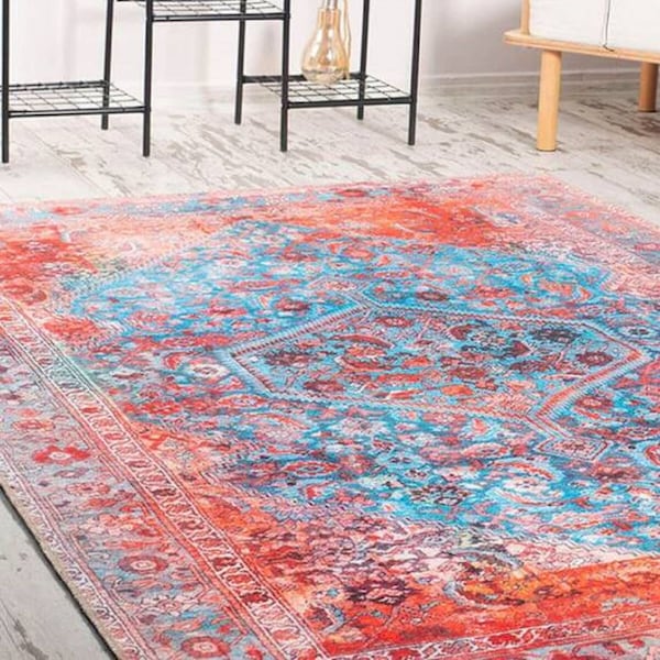 Rugs 8x10, Turkish Rug 8x10, Living Room Bedroom Dining Room, Oushak Rug Blue and Red, Washable Rug, Vintage Style Turkish Rug, Washable Rug