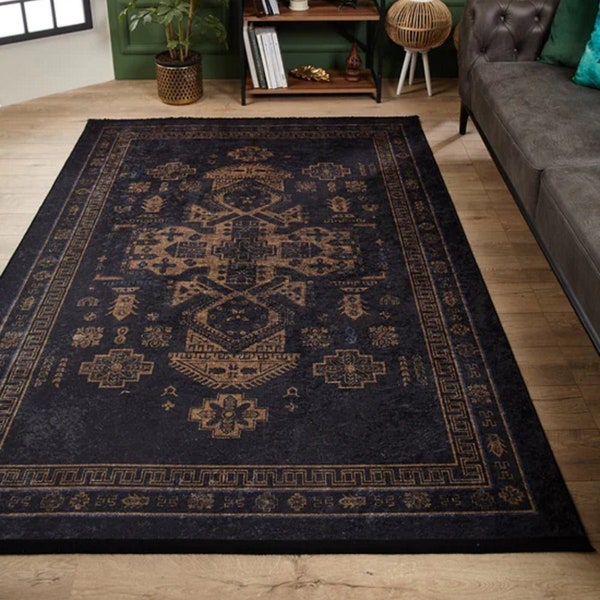 Navy Blue Rug For Living Room, Bedroom, Dining Room, Office, Vintage Style Oriental Teppich, Aesthetic Anthracite Rug, Washable Non Slip Rug