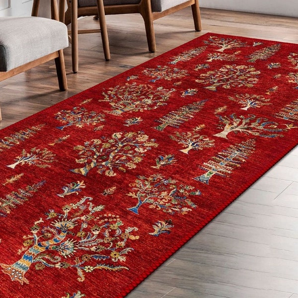 Tree Pattern Turkish Red Rug, Vintage Style Runner Rug, Rug For Entryway, Christmas Gifts Rug, Non Slip Backing Washable Rug, Multi Size Rug