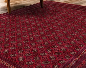 Alfombra roja saturada sobreteñida de estilo afgano, alfombra oriental de Bukhara, alfombra resistente a las manchas ideal para la mesa del comedor, alfombra de salón grande boho