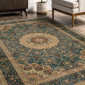 Persian Style Oriental Rug, Petrol Green Rug, Traditional Medallion Rug, Green Rug Ideal For Living Room, Dining Room Bedroom, Multi Size